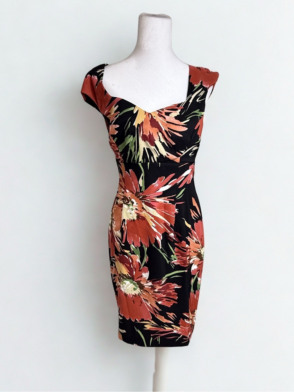 Floral Fit & Flare Black Dress with Rust Bloom Print